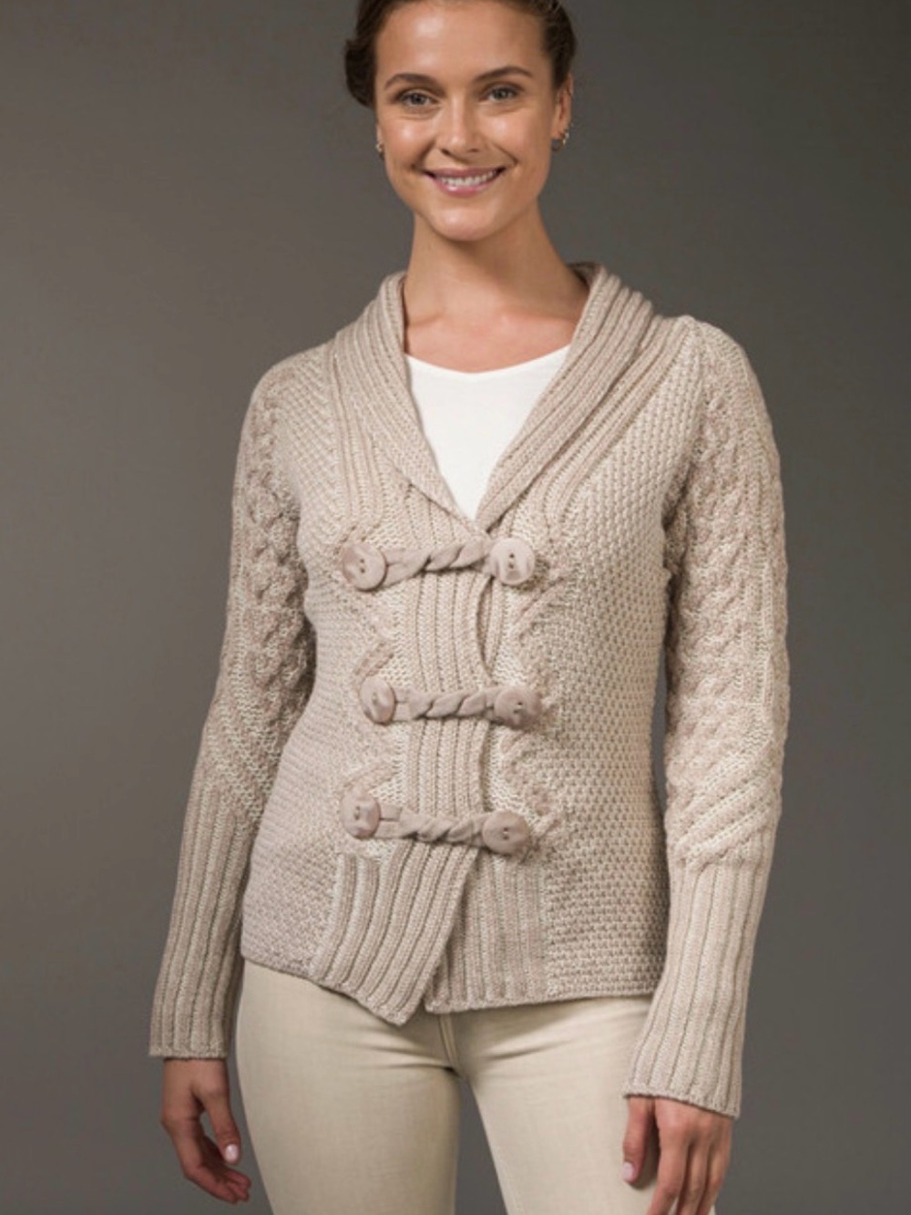 Aran Sweater Market Women’s 100% Merino Wool Shawl Neck 2-tone Cardigan Sweater